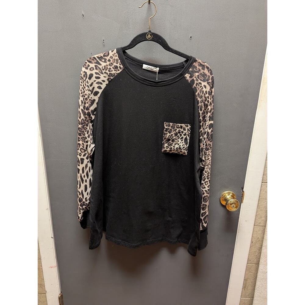 MSJ Womens Plus 3XL Leopard and Black Raglan Sleeve Patch Pocket Tee
